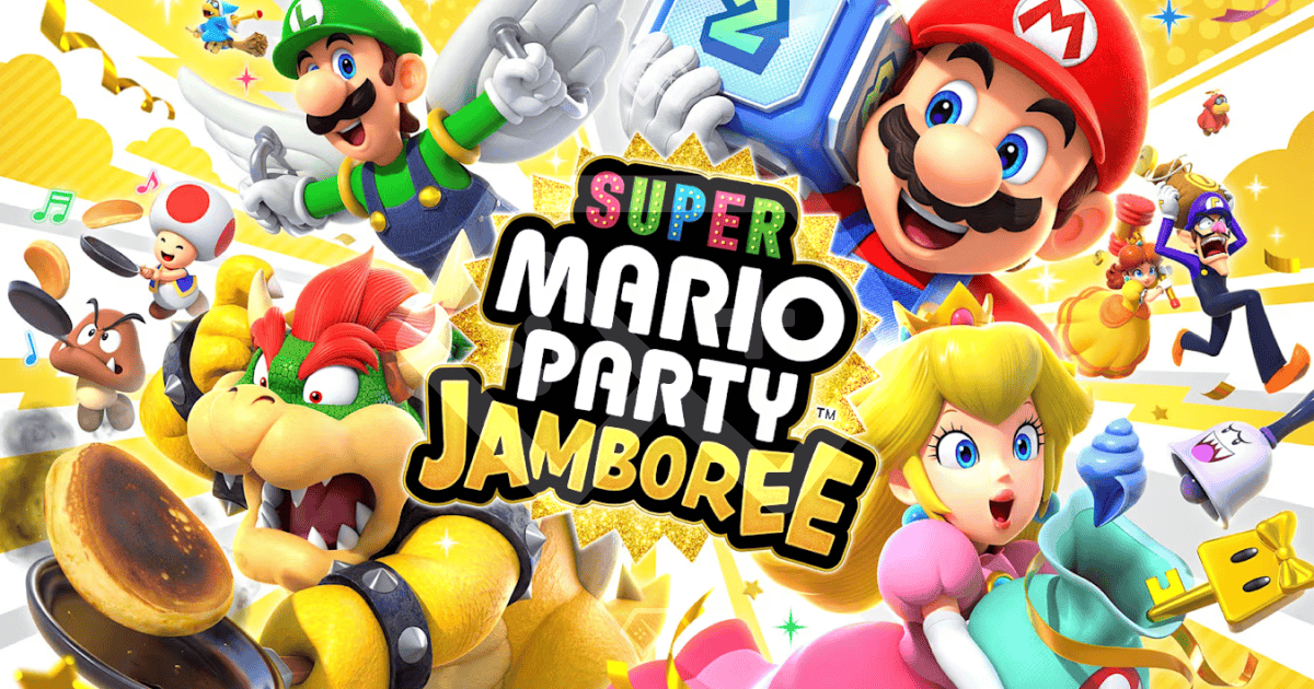 Super Mario Party Jamboree promotional banner with characters and festive background.