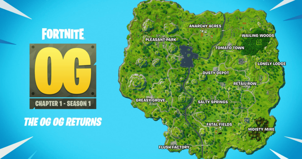 A detailed view of the Fortnite OG map featuring iconic POIs like Pleasant Park, Dusty Depot, and Greasy Grove.