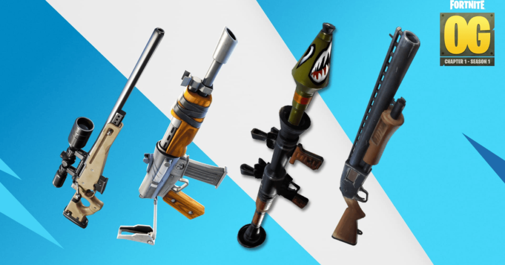 A showcase of Fortnite OG's classic weapon loot pool, including Assault Rifles, Pump Shotguns, and Sniper Rifles.