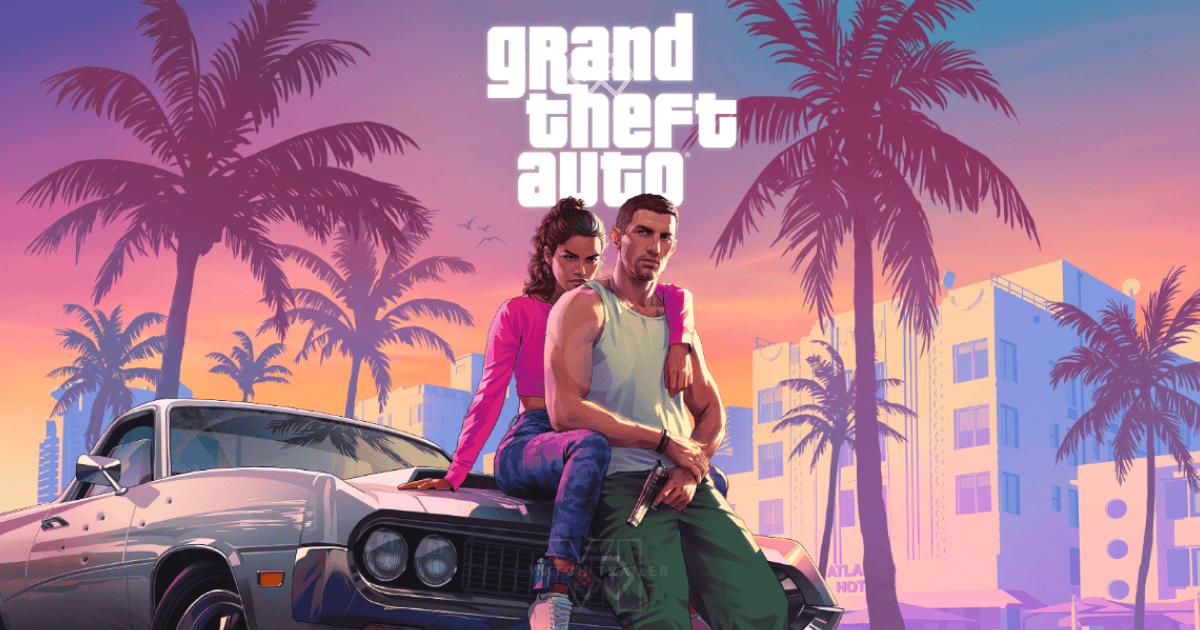 A promotional image for GTA 6 showing the game's title and 'Coming Soon 2025' displayed over a tropical-themed environment with palm trees and a sunset.