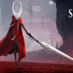 The character Hornet from Hollow Knight navigating through a beautifully hand-drawn environment filled with whimsical creatures.
