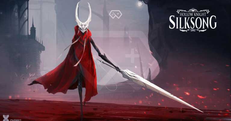 The character Hornet from Hollow Knight navigating through a beautifully hand-drawn environment filled with whimsical creatures.