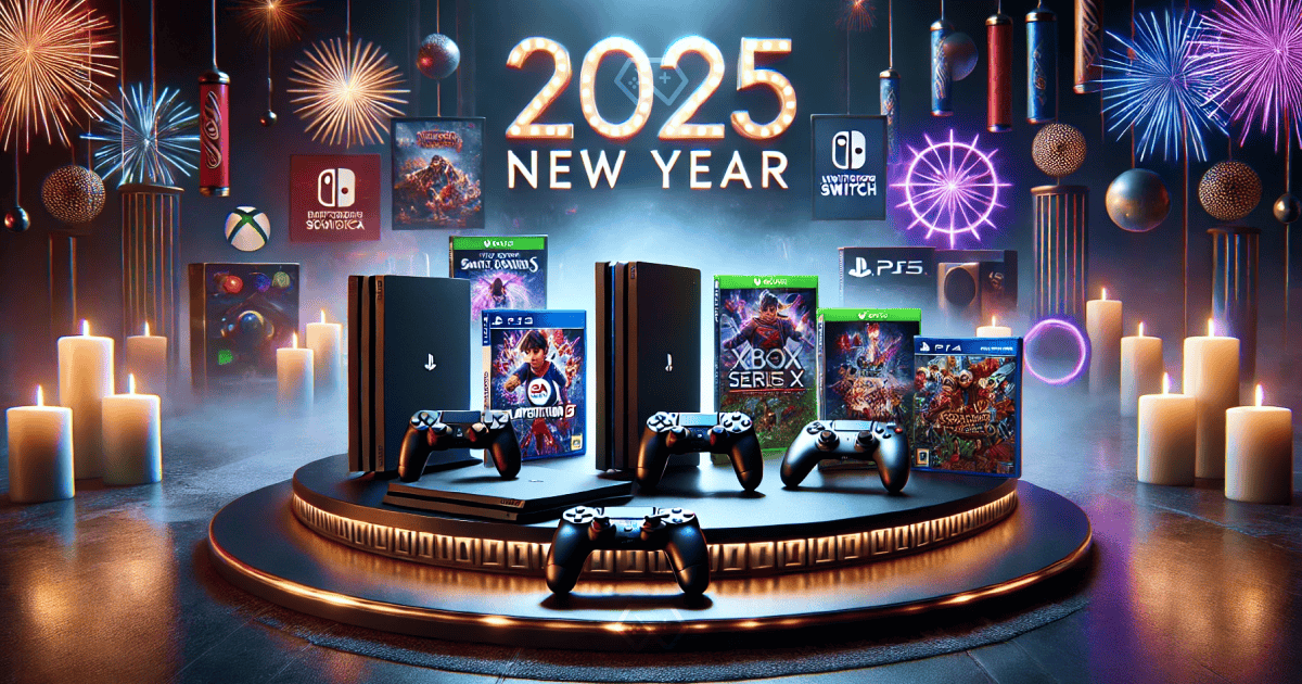 An elegant display showcasing New Year gaming deals for 2025, featuring PlayStation 5, Xbox Series X, and Nintendo Switch consoles arranged on a sleek, modern table. Surrounding the consoles are vibrant game titles and promotional banners with highlighted discounts. The background includes colorful fireworks and festive decorations, illuminated by soft ambient lighting, creating a celebratory and polished atmosphere.