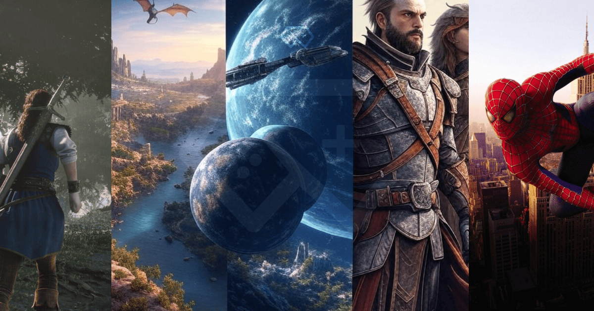 A collage showcasing the most anticipated games of 2025, including elements from Elder Scrolls VI, Marvel’s Spider-Man 3, Star Wars: Eclipse, Cyberpunk 2077: Orion, Hollow Knight: Silksong, Dragon Age: The Veilguard, and Fable