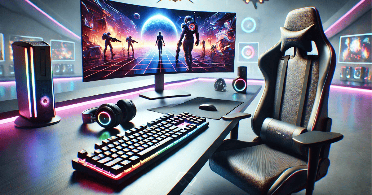 A realistic and professional depiction of trending gaming accessories for 2025, featuring a sleek RGB-lit mechanical keyboard, a wireless gaming headset, a curved OLED monitor with vibrant gameplay, and a modern ergonomic gaming chair on a clean, high-tech desk with ambient lighting.