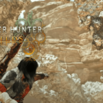 A dramatic scene in Monster Hunter Wilds as a boulder crashes onto a Chatacabra, stunning the monster.