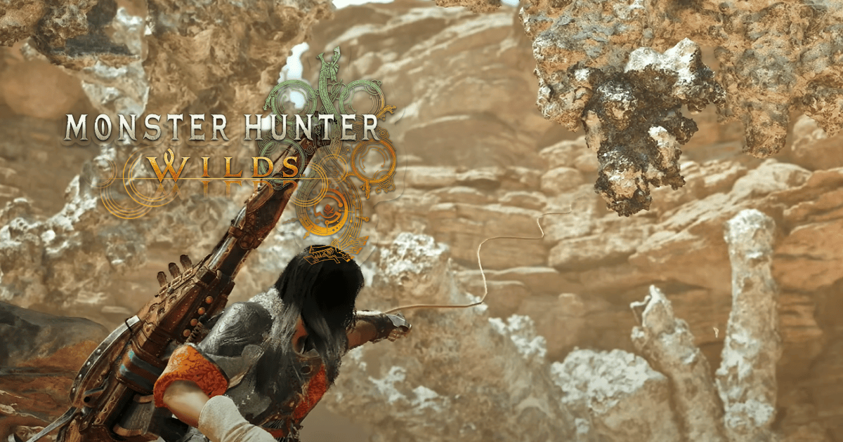 A dramatic scene in Monster Hunter Wilds as a boulder crashes onto a Chatacabra, stunning the monster.