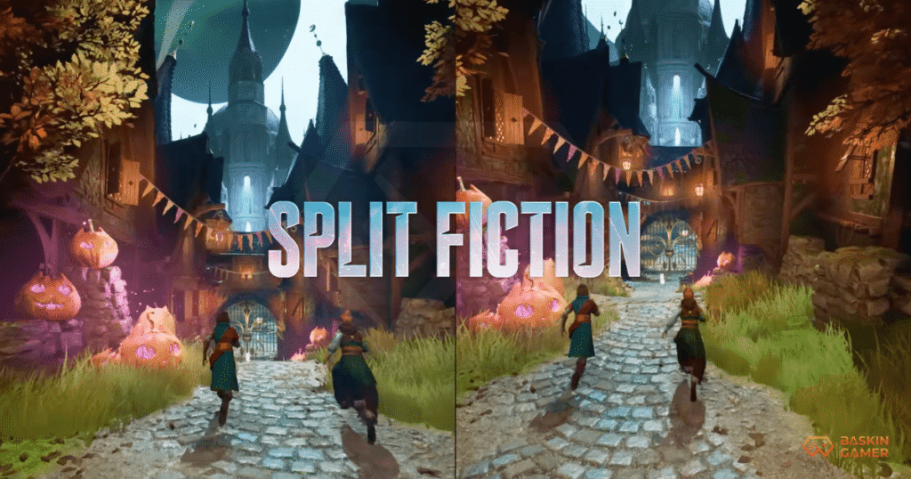 Split Fiction gameplay showing co-op puzzle solving in a dystopian cityscape.
