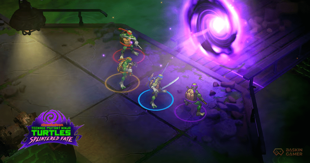Screenshot showing Leonardo fighting enemies in a neon-lit underground room in TMNT: Splintered Fate.