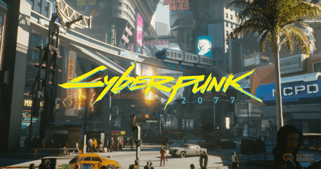 Cyberpunk 2077 gameplay with Night City skyline on Nintendo Switch 2.