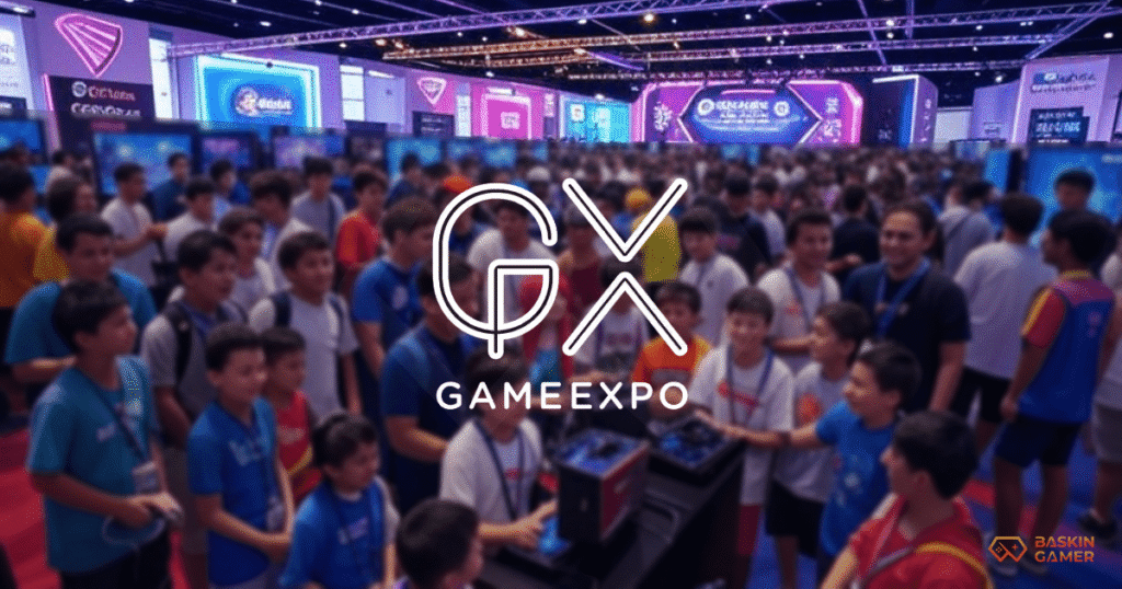 A crowded GameExpo 2025 main stage with developers showcasing next-gen trailers.