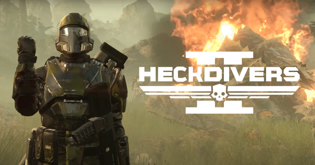 Helldivers 2 character using a mech support stratagem against insectoid enemies.