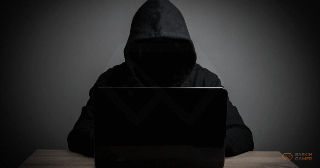 Dark web hacker typing code with Steam logo in the background