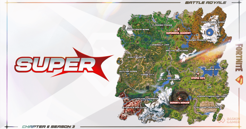 Fortnite Chapter 6 Season 3 “Super” Launch_ Superman, & New Powers - Inner Image Fortnite’s island has undergone major changes to reflect the superhero takeover. In addition to Supernova Academy, other locations now show signs of chaos, training, and transformation. Keep an eye out for: