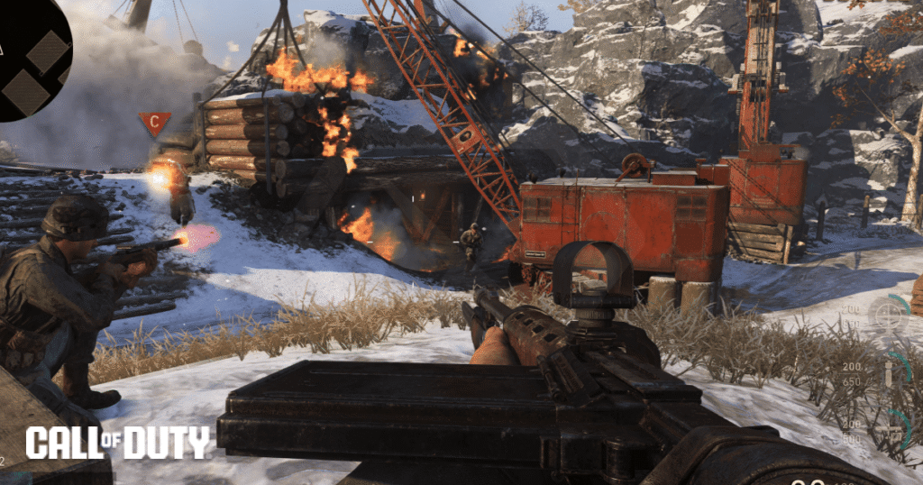 Call of Duty_ WWII on Xbox Game Pass – Multiplayer, Campaign & Zombies in July 2025 - Inner image Soldiers advancing through smoke and rubble in Call of Duty: WWII battle scene