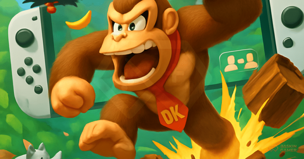 Donkey Kong Bananza_ A Swinging Success on Nintendo Switch 2 - Inner Image Donkey Kong and Diddy rocketing from a barrel in a sunlit jungle level on Switch 2.
