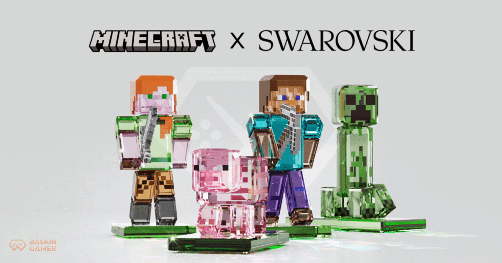 Minecraft x Swarovski_ A Brilliant Blend of Pixel Art and Craftsmanship - Inner Image Swarovski Creeper crystal statue reflecting light, set against a soft, neutral shelf.